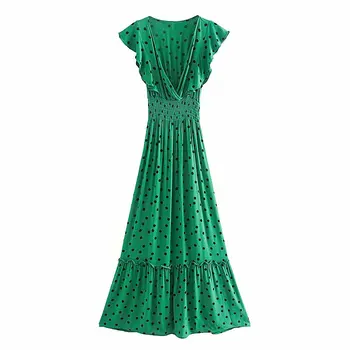 

2020 Women elegant v neck polka dot print ruffles green long Dress office lady elastic waist Vestidos Chic casual Dresses DS3754