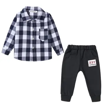 

Baby Spring and Autumn Boys and Girls New Children's Set Checkered Print Shirt + Pants Set Cotton Casual Sports Two-piece Set