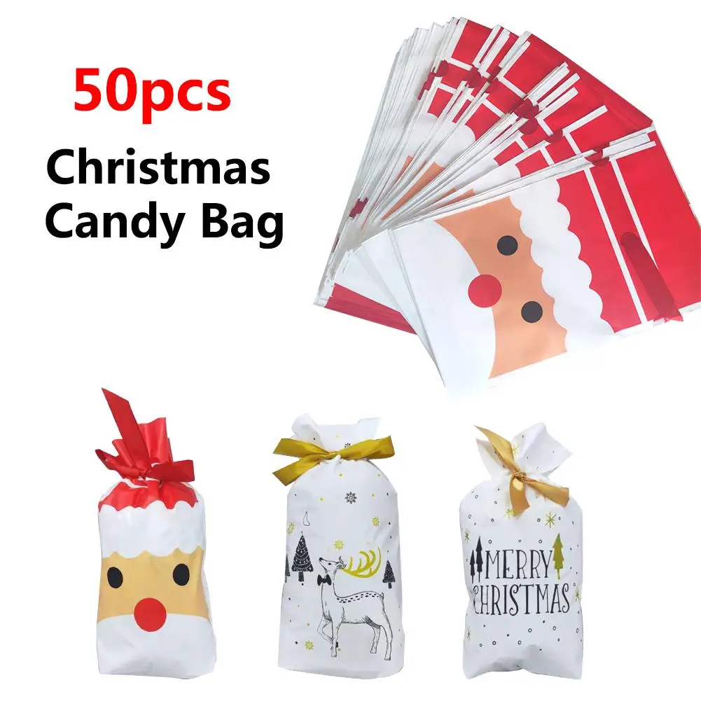 

New 50Pcs 5.9*9in Christmas Gifts Bags Wedding Candy Packaging Plastic Bags With Ribbon For Biscuits Birthday Candy Cake Package