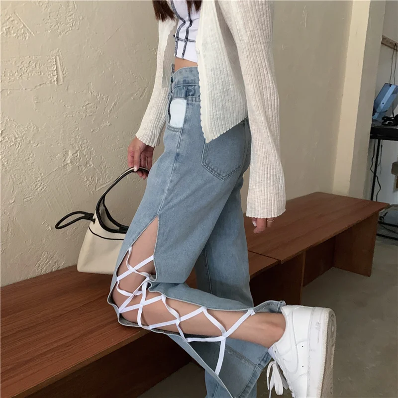 Sexy Side Split Irregular High Waist Strappy Jeans Women\'s Straight Wide Leg Denim Trousers Streetwear Harajuku Pants