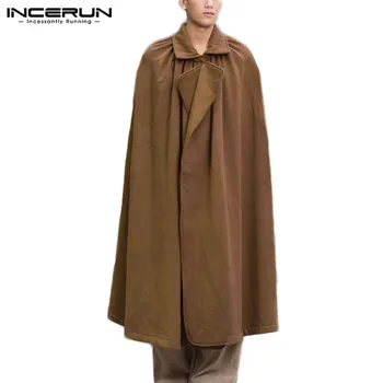 

Winter Cape Ponchos Blanket Lapel Outerwear INCERUN Men Solid Cloak Coats Loose Trench Cardigan Mens Vinatge Topcoat Streetwear