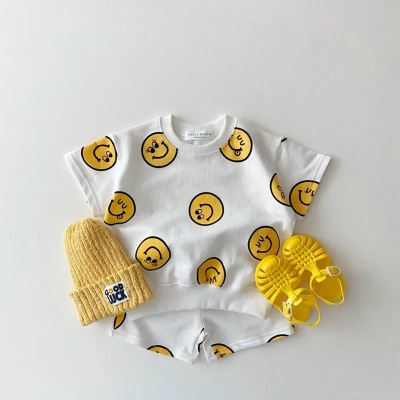 Spring Summer New Cotton Baby Clothes Set Boys And Girl Cute Smiley Print Tops + Shorts 2pcs Kids Children Clothing Suit