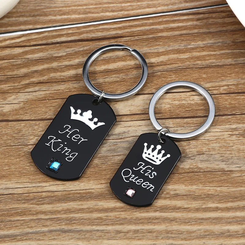 1 Paar Schlüsselanhänger „Her King & His Queen“ für Männer und Frauen, schwarzes Metall, Kristallkrone, Schlüsselanhänger, Ringhalter, Valentinstagsgeschenke – Detail 2