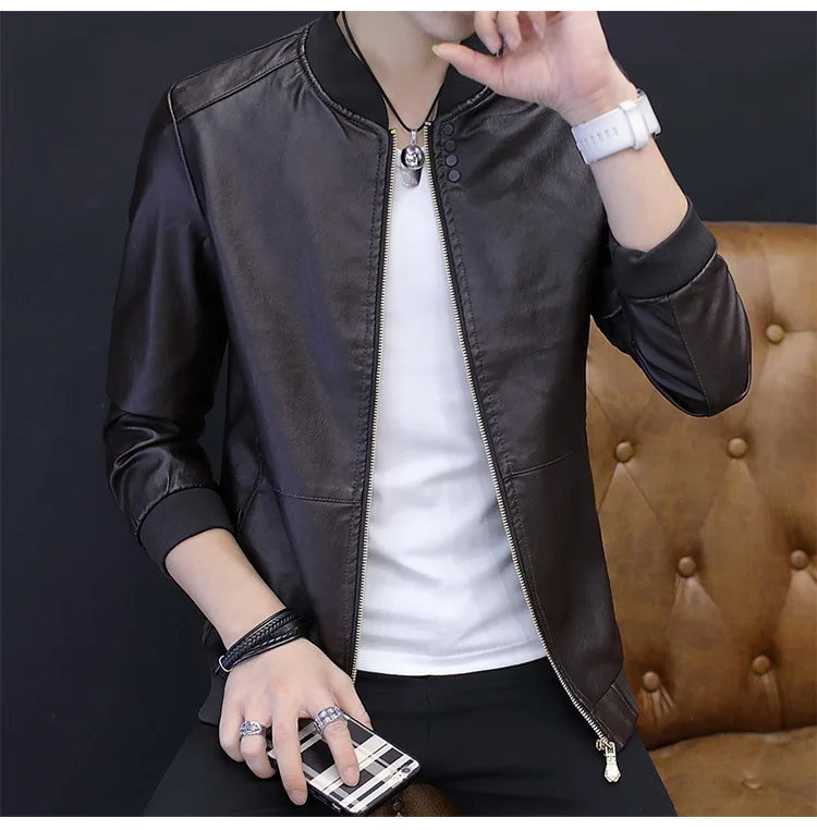 Teenager Leather Coat Men's Autumn& Winter Korean-style Slim Fit Students Coat Stand Collar Jackets Trend Handsome PU Leather J