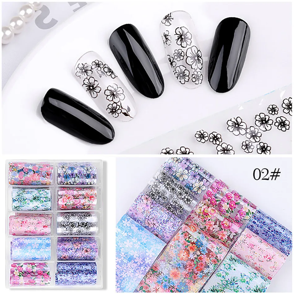 

10 Rolls/Box Nail Foils Nails Wraps Multi-pattern Colorful Transfer Sticker Decals Tips Nail Art Decorations