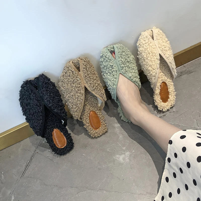 

Low Flock Loafers Shoes For Girls Cover Toe Ladies' Slippers Luxury Slides Pokemon Plush Platform Lady Flat Soft