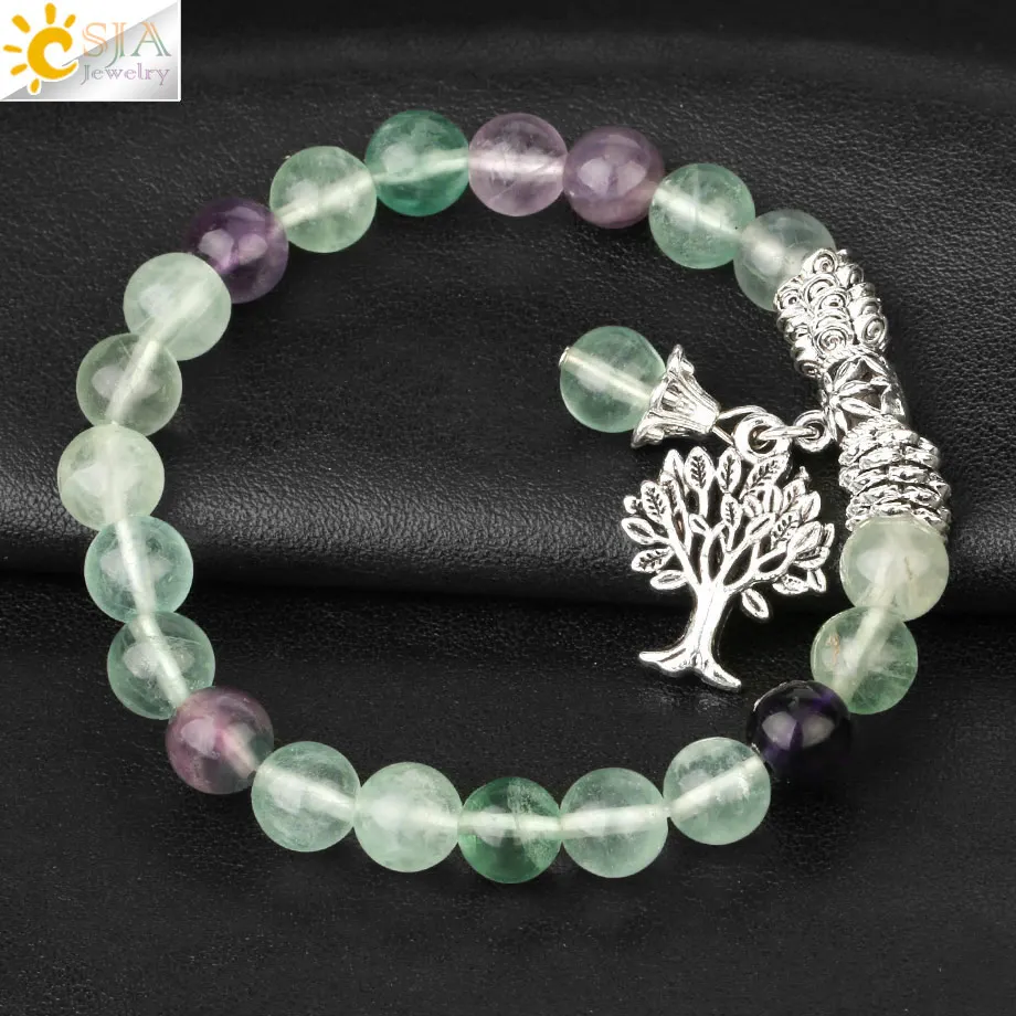 CSAlban8 mm-Bracelets Mala en Fluorite et Pierre Naturelle pour Femme, Bijoux Rétro en Argent, Breloques d'Arbre, F349