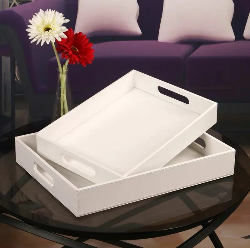 

European style white PU leather fruit/dessert/tea/cake serving tray handmade bedside table organizer tray