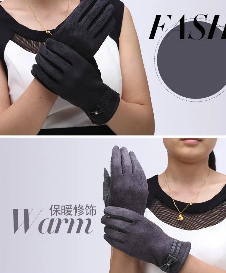Touch Gloves Plus Velvet Warm Gloves Suede WOMEN'S Bow Riding Spring And Autumn And Winter Gloves