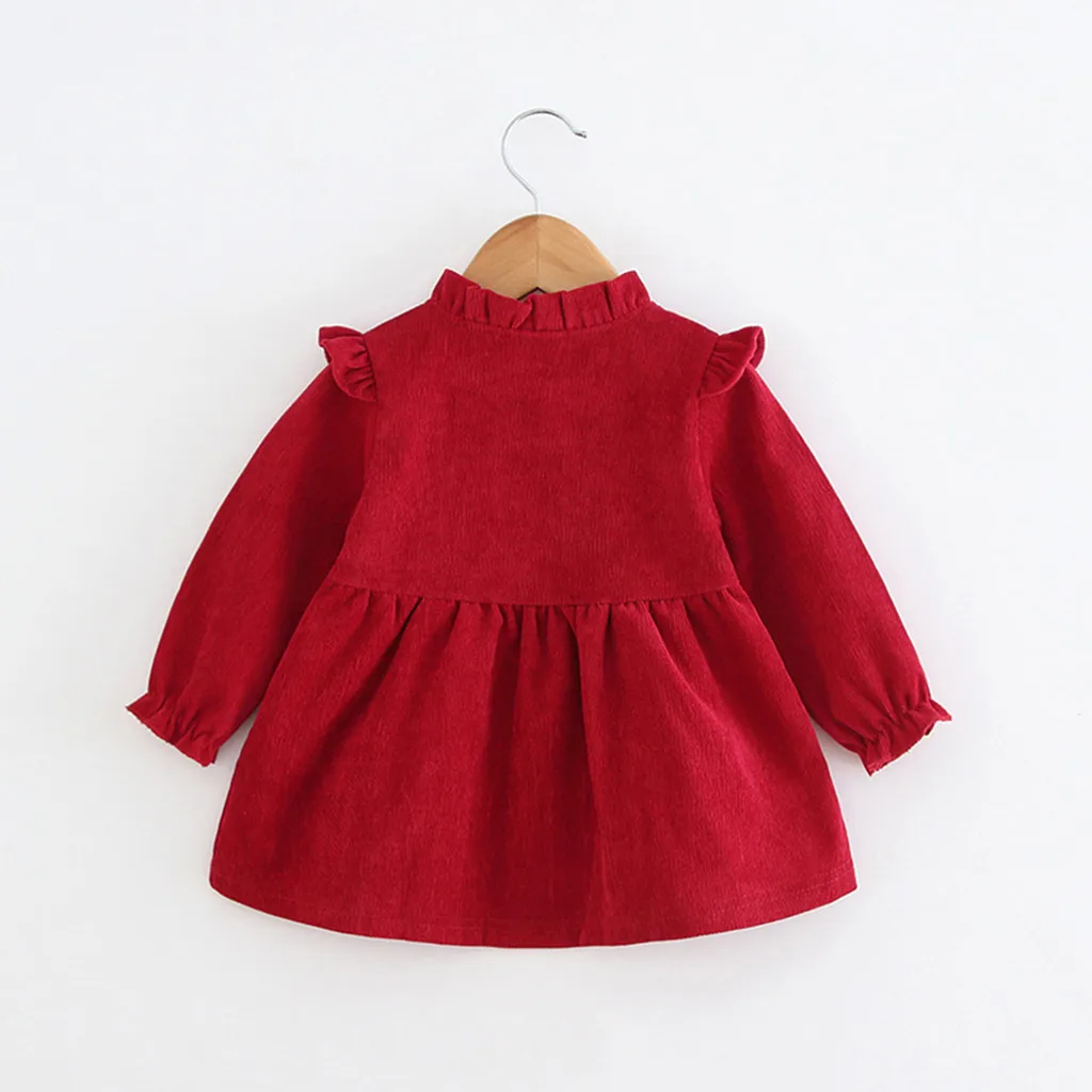 Новое однотонное платье для малышей, vestido infantil платье с длинными рукавами для девочек осенне-зимнее цельнокроеное платье с оборками, подарок