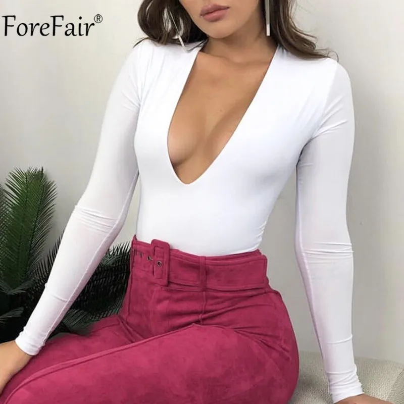 Белый Forefair, длинный рукав, глубокий v-образный вырез, женский боди, белый, черный, боди, топ, Осень-зима, Повседневный, Сексуальный, однотонный, для девушек, модный, боди - Цвет: Белый