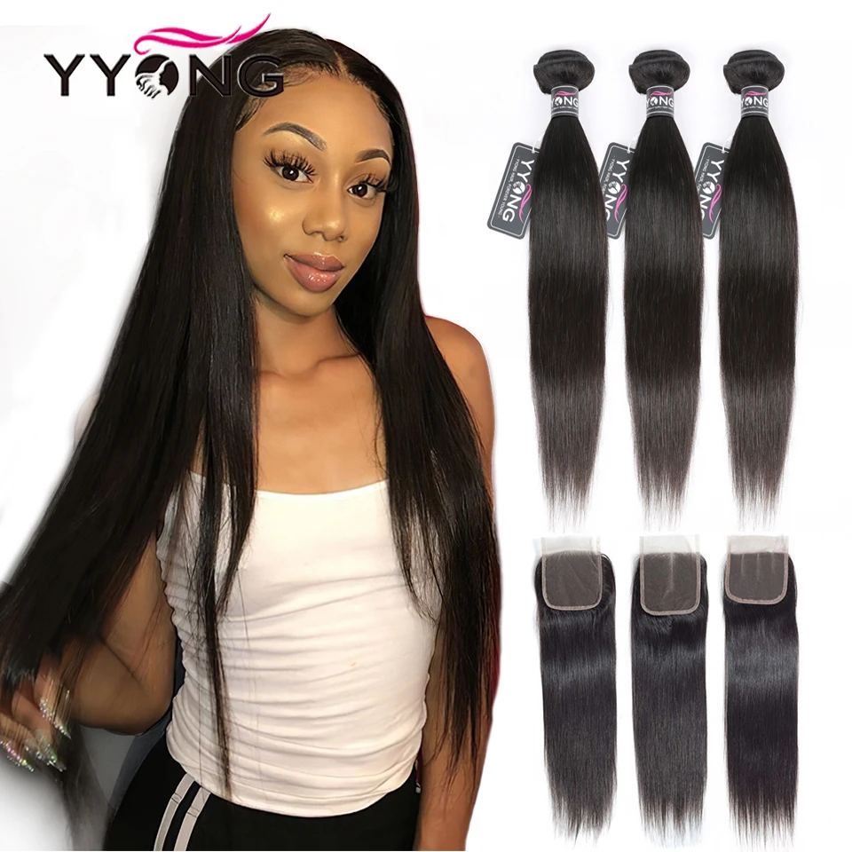 Yyong péruvien cheveux raides 4/ 3 paquets Remy Extension de cheveux humains avec 4*4 dentelle fermeture Double trame armure faisceaux avec fermeture