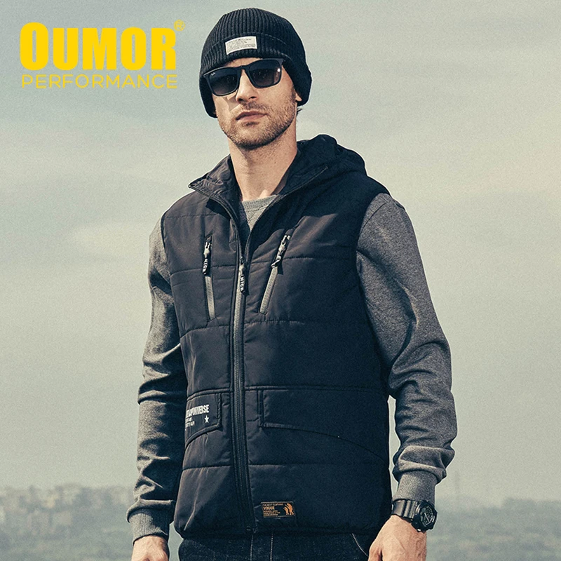 Oumor мужские уличные Зимние новые с капюшоном грузовые тактические жилеты куртка мужская верхняя одежда рыба мульти карман рукав куртка жилеты пальто для мужчин