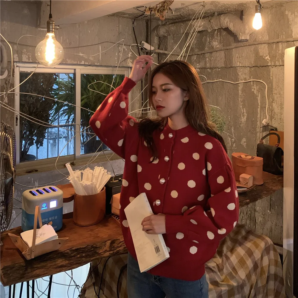 Woherb, милый женский кардиган в горошек,, осень, зима, Harajuku, винтажный свитер, пальто, корейский стиль, вязанный джемпер, топы, Sueter