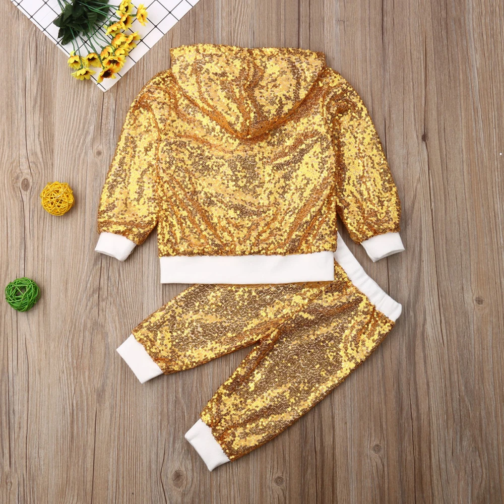 1-6Y модная детская одежда с блестками для маленьких девочек куртка на молнии с длинными рукавами Топы, длинные штаны, брюки, комплект из 2 предметов, спортивный костюм