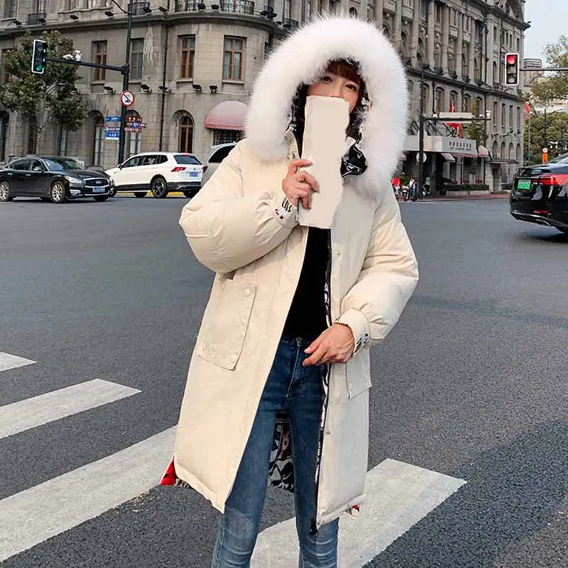 white New Full Women Winter Jacket Hood Design Thick Coat Cotton Parka Style Jackets Fur Collar BLueY170016 - Цвет: white