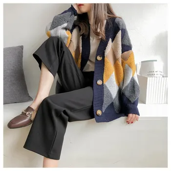 

2020 Spring Women's Sweaters Autumn Winter Casual Plaid V-Neck Cardigans Single Breasted Puff Sleeve Loose SW002
