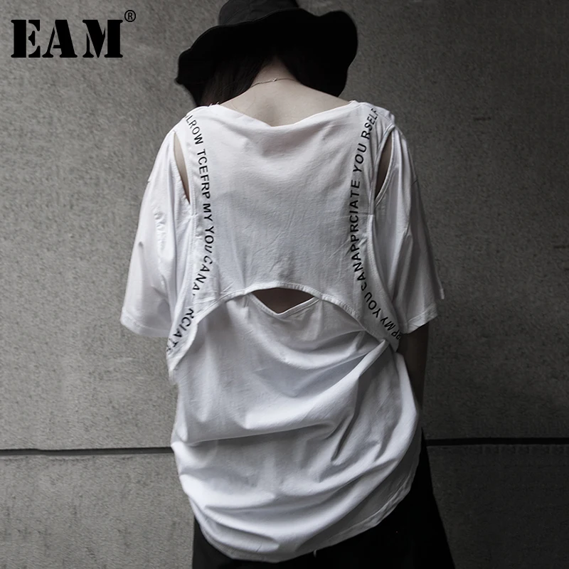 

[EAM] Women Loose Fit Hollow Out Big Size T-shirt New Round Neck Half Sleeve Fashion Tide All-match Spring Autumn 2019 1A737