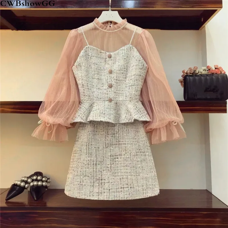 

Small Fragrant 3 Pieces Set 2019 Autumn Women Pink Long Sleeve Mesh Shirt Top + Tweed Tank + Mini Bodycon Skirt 3 Piece Set