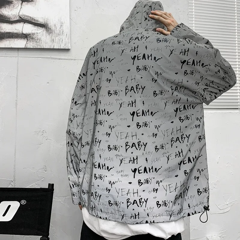Popular 2020 New Fashion Reflective Jacket Coat Men Streetwear Hip Hop Letter Jackets Hoody Graffiti Print Fluorescent Clothing DG527
