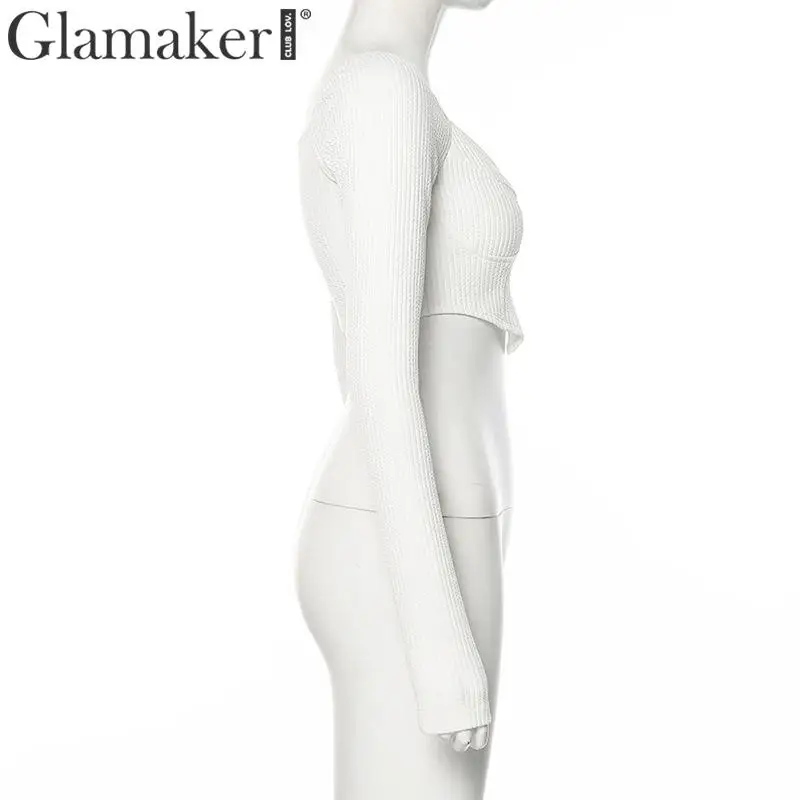 Glamaker трикотажная блузка с v-образным вырезом, сексуальная короткая белая блузка, винтажная Офисная Женская блузка с длинными рукавами, осенне-зимние элегантные вечерние женские блузки
