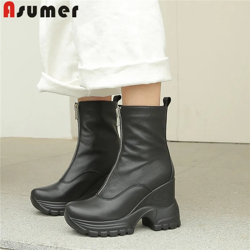 

ASUMER 2020 new genuine leather boots women round toe zip platform ankle boots elegant high heels prom autumn winter boots