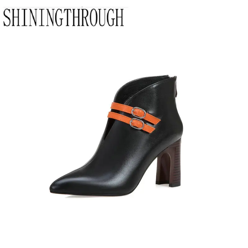 

Women Ankle Boots Genuine Leather high Heels pointed Toe High Quality Winter Shoes Woman Black Short Boots