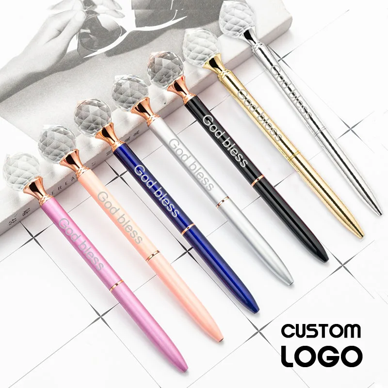 Customized LOGO Big Diamond Metal Pen Fashion Crystal Ballpoint Pens Creative Gem Gifts Pens Student Stationery Free Carve Name