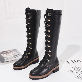 

Metallic Buckle Boots Woman Thigh High Shoes Woman Black Leather Zapatos De Mujer Lace Up Front Botas Mujer Platform Combat Boot
