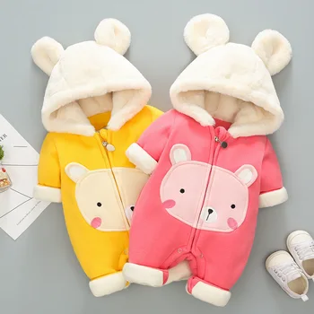 

Baby Autumn Winter Rompers Plus Thick Velvet Warm Infant Boys Girls Jumpsuit Clothes Newborn Cartoon Bear Hooded Warm Rompers