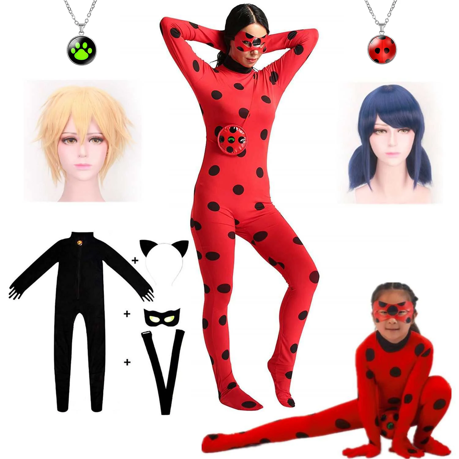 Fantasia Lady Bug Costumes Girls Women Boy Child Spandex Cat Noir Marinette Cosplay Costumes Jumpsuit Fancy Christmas Gift