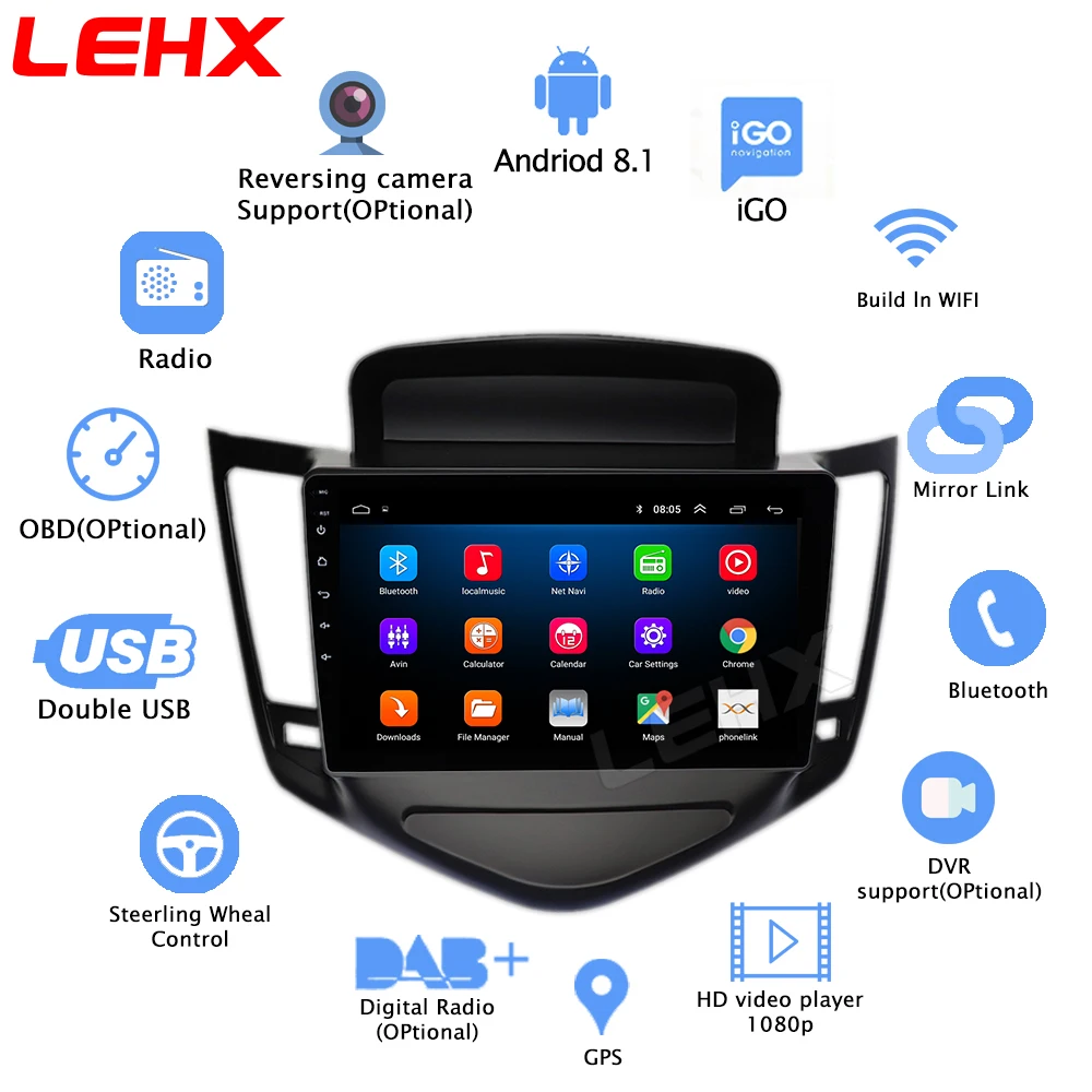 Автомобильный мультимедийный плеер LEHX 9 дюймов android 8 1 для Chevrolet Cruze 2008 2012