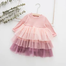Милое Платье для девочек; осень г.; Детские платья с длинными рукавами для маленьких девочек; хлопковая сетчатая одежда для детей; многослойное платье принцессы