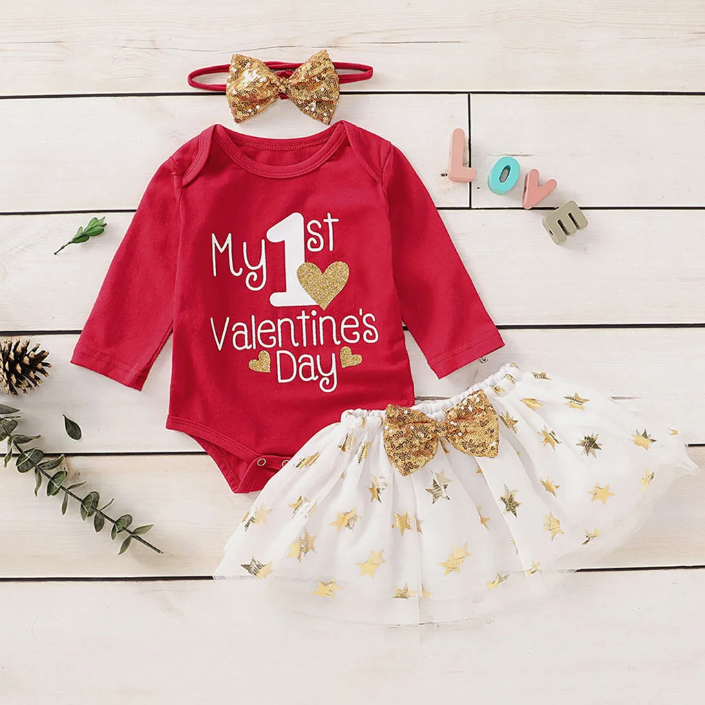 

baby girl clothes My First New year Valentine's Day Clothes Sweet Letter Romper+Heart Star Sequin Tulle Skirts+Hairbands Outfits