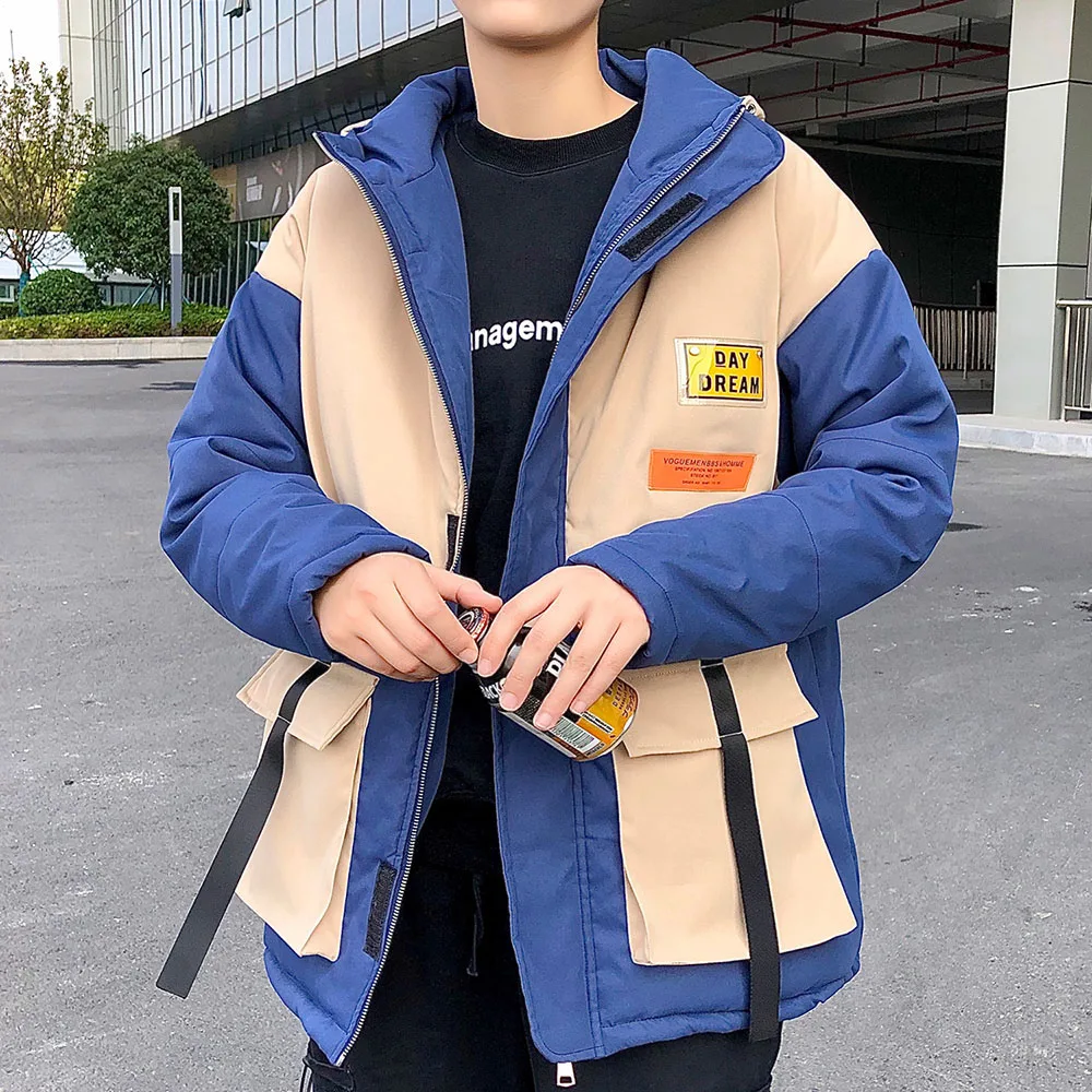 ZUSIGEL estilo coreano Patchwork Cargo abrigo de Multi-bolsillos hombres Chaqueta de algodón suelto con capucha chaquetas y abrigos para hombres - AliExpress