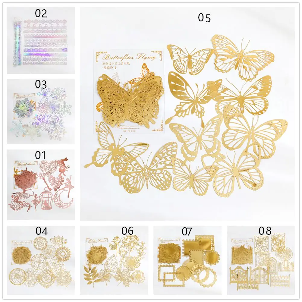 10Pcs Flower of life Bronzing Hollow Butterfly Lace Frame Decorative Stickers decorative stickers self adhesive stickers floral stickers butterfly stickers Scrapbooking Rainbow Laser PET Stickers DIY Diary
