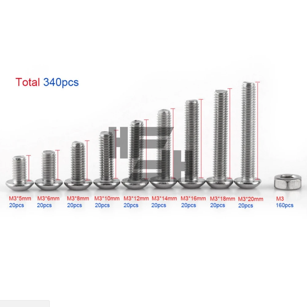 340 шт./лот M3 кнопочная головка с шестигранной головкой, нарезной болт гайка, набор из нержавеющей стали, маленькие торцевые инструменты, деревообработка, Круглый деревообрабатывающий