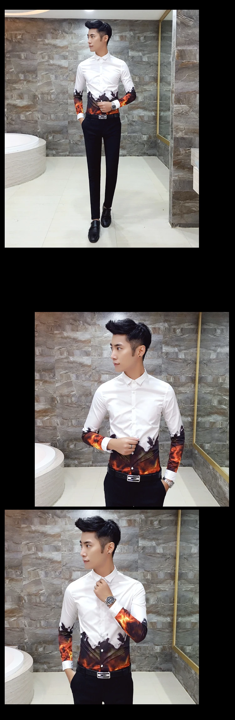 new flame printing shirt Camisa Masculina men's long sleeve casual business dress shirt fashion men street clothing shirt
