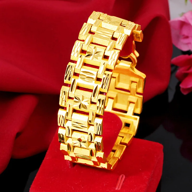 

Luxury 24K Yellow Gold Bracelet For Men Watch Chain Not Fade Gold Bracelet Hand Chain Birthday Anniversary Fine Jewelry Gifts