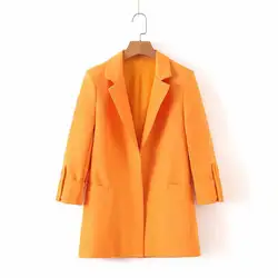 Женский оранжевый блейзер с карманами и вырезанным воротником, открытый стежок, рукав три четверти, пальто, женская элегантная верхняя