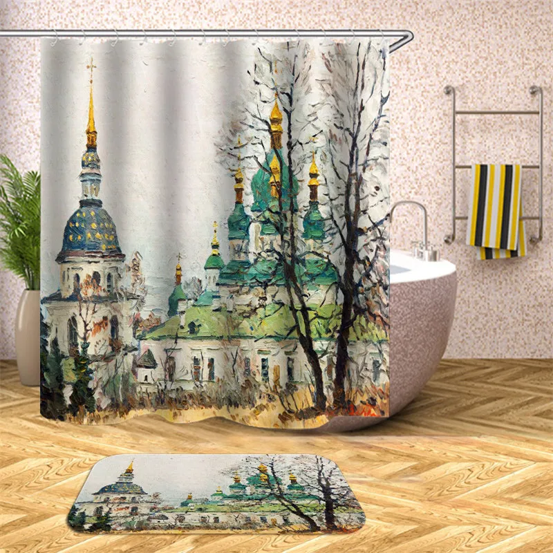 European castle in Italy old town shower curtain landscape bathroom waterproof fabric natural bathtub decoration