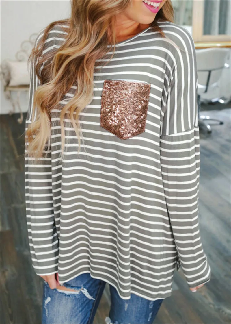 Buitifo для женщин осень зима полосатая футболка Топ с длинным рукавом Повседневная футболка модная футболка с блестками и карманами уличная одежда