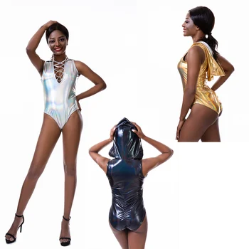 

One Piece Womens Lingerie Teddy Faux Leather Catsuit Body Suits Gay Fetish Lengerie Sexy Sheer Bodysuit Clubwear with Hoodie