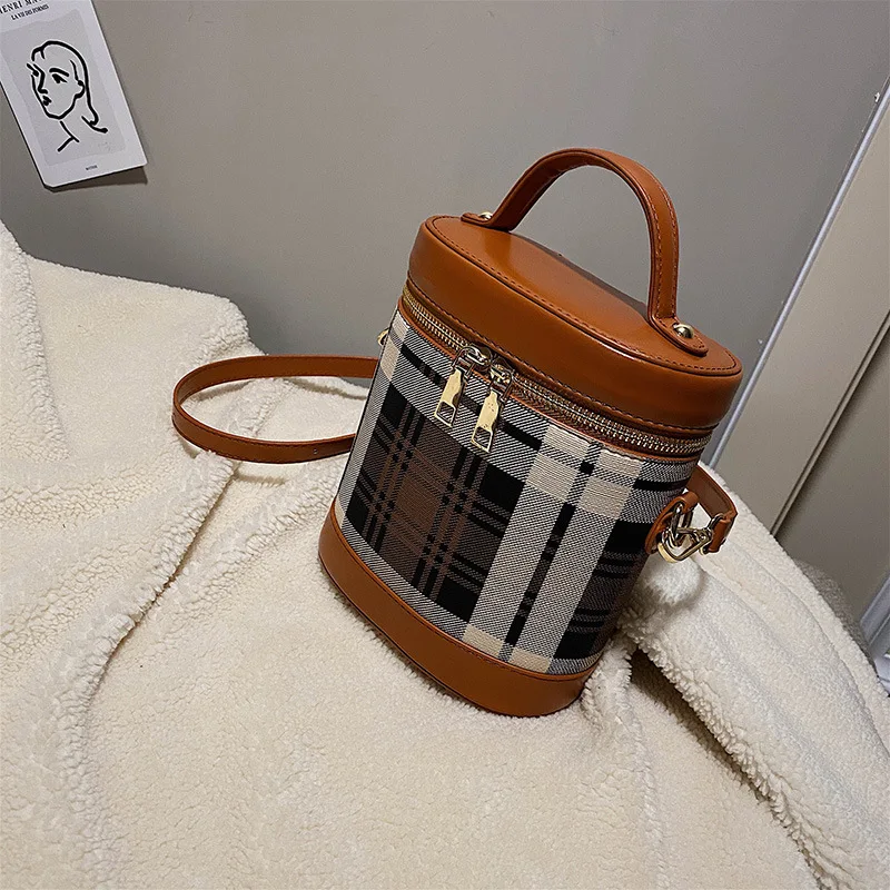

Women's Classic Simple Plaid Print Bucket Bag Leisure Wild Shoulder Bag Double Zip Fashion Leather Handbag