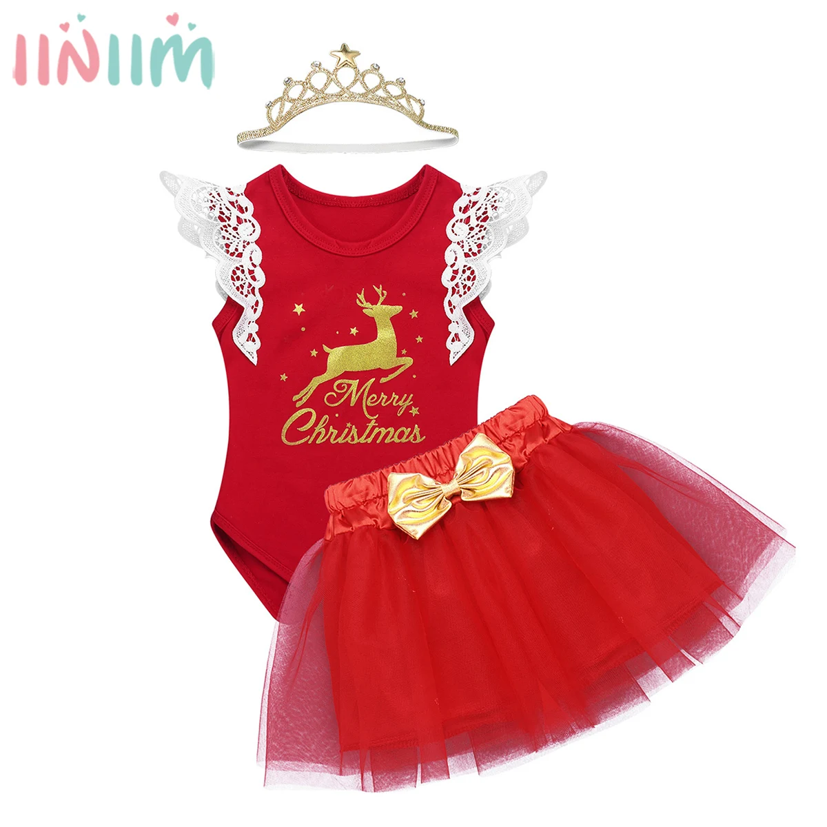 

Infantil Baby Girls Xmas Outfit Clothing Set Flying Sleeve Deer Merry Christmas Printed Romper with Mesh Tutu Skirt Headband