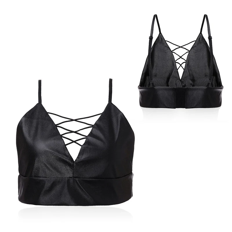 Черный Women Bustier Crop Top Tank Black PU Leather Camisole Straps Tight Bandage Black Cropped Tops Vest Camis Shirts - Цвет: Черный