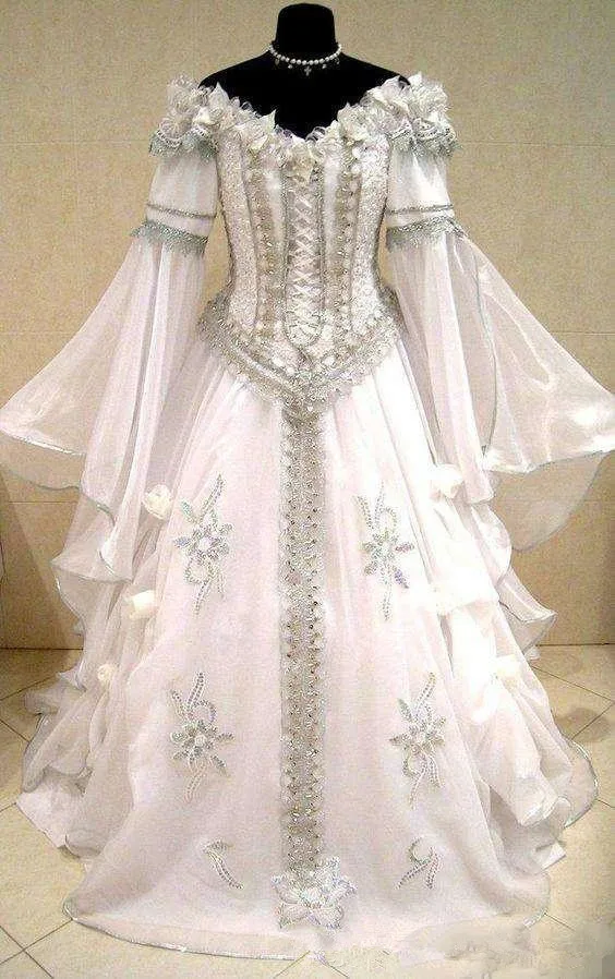 Vestidos de boda medievales para dama, traje de novia de estilo Tudor de  bruja celta renacentista y victoriano gótico, corsé con cordones, escote de  cuello de pico, color blanco|Vestidos de novia| -