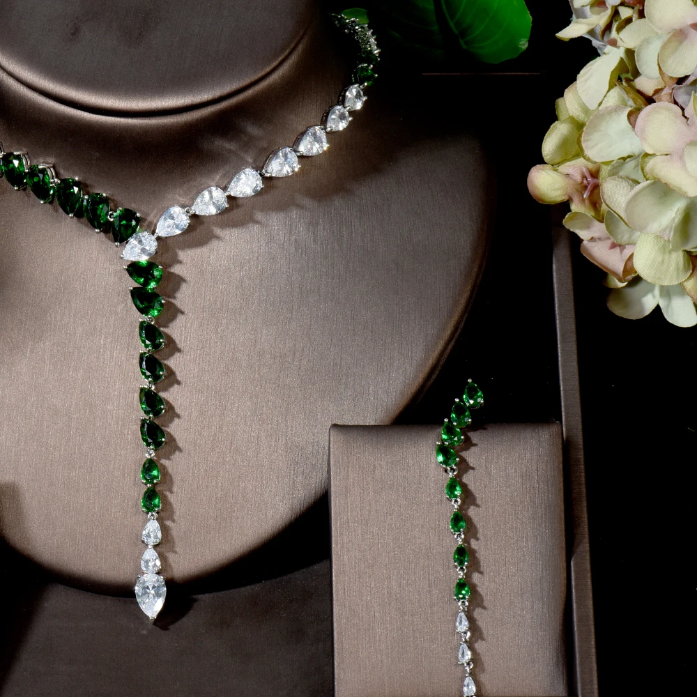 HIBRIDE Super Nigeria 2pcs Big Long Water Drop Necklace Cubic Zirconia Jewelry Set for Women Wedding Dubai Bridal Set N-1580 - Image 3