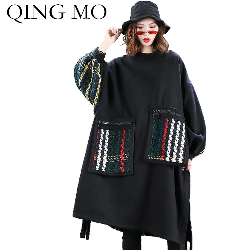 QING MO, черный женский трикотажный свитер,, Женская Лоскутная Толстовка с большими карманами, уличная одежда, свободная толстовка ZQY2222