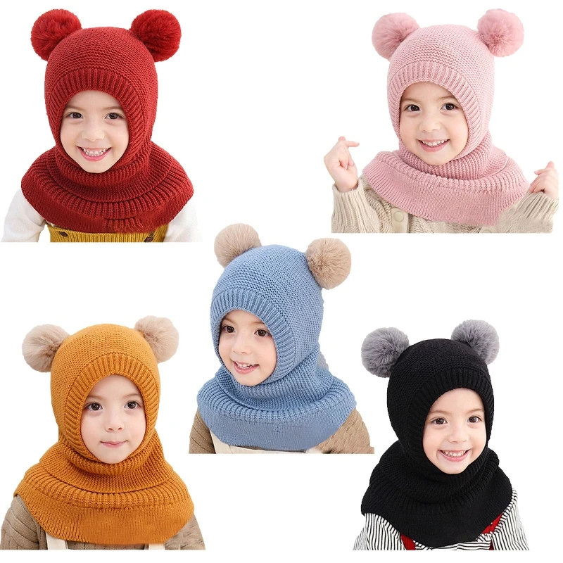 One-piece Knitted Cartoon Cotton Wool Hat Scarf Cute Ear Protect